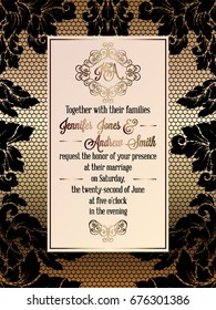 Vintage baroque style wedding invitation card template.. Elegant formal design with damask background, traditional decoration for wedding. Gold and black background