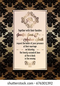 Vintage baroque style wedding invitation card template.. Elegant formal design with damask background, traditional decoration for wedding. Gold and black background