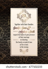 Vintage baroque style wedding invitation card template.. Elegant formal design with damask background, traditional decoration for wedding. Gold on black background