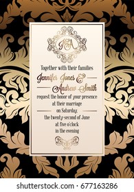 Vintage baroque style wedding invitation card template.. Elegant formal design with damask background, traditional decoration for wedding. Gold on black background