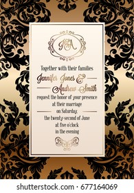 Vintage baroque style wedding invitation card template.. Elegant formal design with damask background, traditional decoration for wedding. Gold and black background