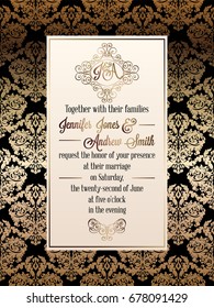 Vintage baroque style wedding invitation card template.. Elegant formal design with damask background, traditional decoration for wedding. Gold on black background