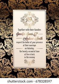 Vintage baroque style wedding invitation card template.. Elegant formal design with damask background, traditional decoration for wedding. Gold on black background