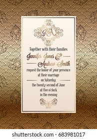 Vintage baroque style wedding invitation card template.. Elegant formal design with damask background, traditional decoration for wedding , gold and black.