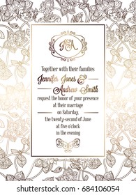 Vintage baroque style wedding invitation card template.. Elegant formal design with damask background, traditional decoration for wedding. Gold on white background