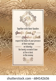 Vintage baroque style wedding invitation card template.. Elegant formal design with damask background, traditional decoration for wedding.