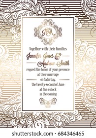 Vintage baroque style wedding invitation card template.. Elegant formal design with damask background, traditional decoration for wedding. Gold on white background