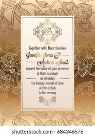 Vintage baroque style wedding invitation card template.. Elegant formal design with damask background, traditional decoration for wedding.