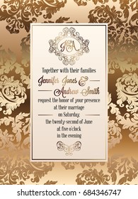 Vintage baroque style wedding invitation card template.. Elegant formal design with damask background, traditional decoration for wedding.