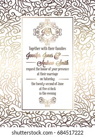 Vintage baroque style wedding invitation card template.. Elegant formal design with damask background, traditional decoration for wedding. Gold on white background