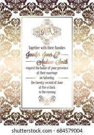 Vintage baroque style wedding invitation card template.. Elegant formal design with damask background, traditional decoration for wedding. Gold on white background