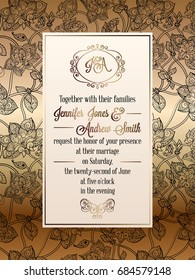 Vintage baroque style wedding invitation card template.. Elegant formal design with damask background, traditional decoration for wedding , gold and black.
