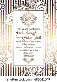 Vintage baroque style wedding invitation card template.. Elegant formal design with damask background, traditional decoration for wedding. Gold on white background