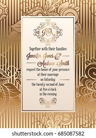 Vintage baroque style wedding invitation card template. Elegant formal design with damask background, traditional decoration for wedding.
