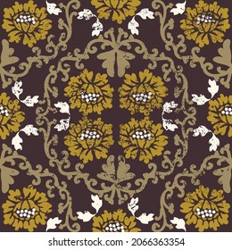 Vintage baroque texture pattern with grunge. Seamless shabby vector damask pattern. Brown, gold, white.  For textiles, wallpaper, tiles or packaging.
