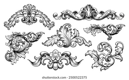 Vintage Baroque Victorian border ornament frame floral leaf scroll engraved retro flower pattern decorative design tattoo black and white Japanese filigree calligraphic vector heraldic swirl