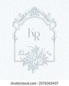 Vintage baroque Victorian border ornament frame monogram crest. Hand drawing vintage frame baroque style ornate design. Wedding crest monogram vector illustration.