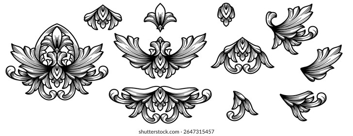 Vintage Barroco vitoriano moldura borda flor gravura padrão ornamento design decorativo. Arabesque, gótico renascentista tatuagem linha preta, filigree caligrafia escudo heráldico redemoinho vetor