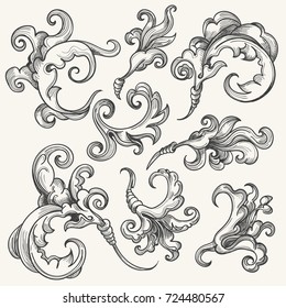 Vintage Baroque Victorian floral ornament leaf scroll set drawn in engraved retro style. Calligraphic vector heraldic shield swirls