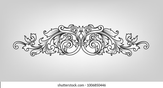 Vintage Baroque Victorian frame border corner monogram floral ornament leaf scroll engraved retro flower pattern decorative design tattoo black and white filigree calligraphic vector heraldic shield
