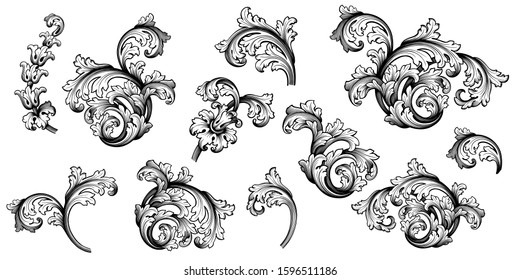 Vintage Baroque Victorian frame border floral ornament leaf scroll engraved retro flower pattern decorative design tattoo black and white Japanese filigree calligraphic vector heraldic swirl