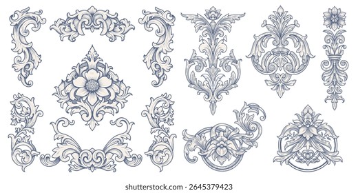 Vintage Baroque Victorian frame border flower pattern vector floral engraved scroll ornament leaf retro decorative design. filigree calligraphic heraldic shield swirl