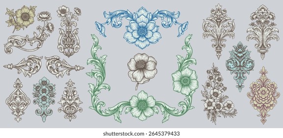 Vintage Baroque Victorian frame border flower pattern vector floral engraved scroll ornament leaf retro decorative design. filigree calligraphic heraldic shield swirl