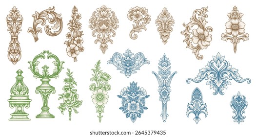 Vintage Baroque Victorian frame border flower pattern vector floral engraved scroll ornament leaf retro decorative design. filigree calligraphic heraldic shield swirl