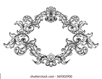 Vintage Baroque Victorian frame border monogram floral ornament leaf scroll engraved retro flower pattern decorative design tattoo black and white filigree calligraphic vector heraldic shield swirl