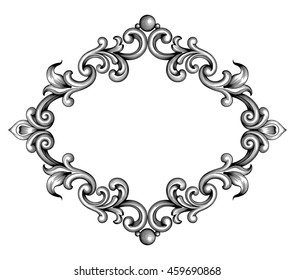 Vintage Baroque Victorian frame border monogram floral ornament leaf scroll engraved retro flower pattern decorative design tattoo black and white filigree calligraphic vector heraldic shield swirl