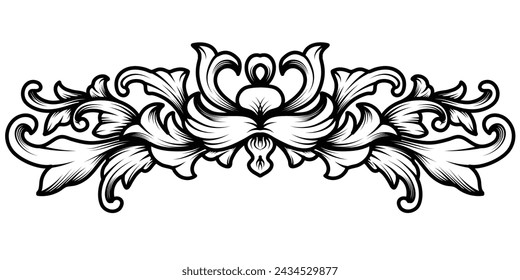 Vintage Baroque Victorian ornament border frame vector illustration. Symmetrical floral engraved scroll Retro decorative design tattoo black and white filigree calligraphic heraldic shield swirl