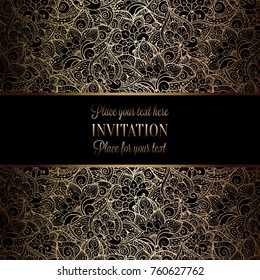 Vintage baroque Wedding Invitation template with damask background. Tradition decoration for wedding. Vector illustration in black and gold.