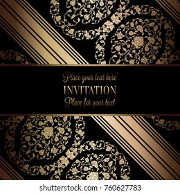 Vintage baroque Wedding Invitation template with damask background. Tradition decoration for wedding. Vector illustration in black and gold.