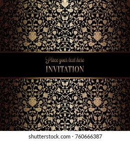 Vintage baroque Wedding Invitation template with damask background. Tradition decoration for wedding. Vector illustration in black and gold.