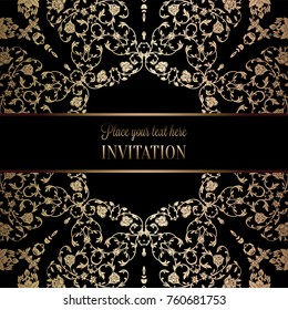 Vintage baroque Wedding Invitation template with damask background. Tradition decoration for wedding. Vector illustration in black and gold.
