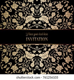 Vintage baroque Wedding Invitation template with damask background. Tradition decoration for wedding. Vector illustration in black and gold.
