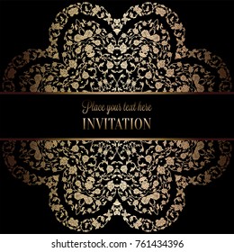 Vintage baroque Wedding Invitation template with damask background. Tradition decoration for wedding. Vector illustration in black and gold.