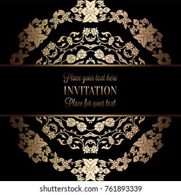 Vintage baroque Wedding Invitation template with damask background. Tradition decoration for wedding. Vector illustration in black and gold.