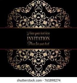 Vintage baroque Wedding Invitation template with damask background. Tradition decoration for wedding. Vector illustration in black and gold.