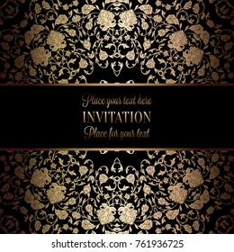 Vintage baroque Wedding Invitation template with damask background. Tradition decoration for wedding. Vector illustration in black and gold.