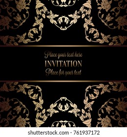 Vintage baroque Wedding Invitation template with damask background. Tradition decoration for wedding. Vector illustration in black and gold.