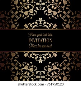 Vintage baroque Wedding Invitation template with damask background. Tradition decoration for wedding. Vector illustration in black and gold.