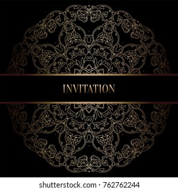 Vintage baroque Wedding Invitation template with damask background. Tradition decoration for wedding. Vector illustration in black and gold.