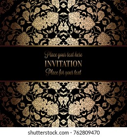 Vintage baroque Wedding Invitation template with damask background. Tradition decoration for wedding. Vector illustration in black and gold.