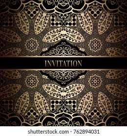 Vintage baroque Wedding Invitation template with damask background. Tradition decoration for wedding. Vector illustration in black and gold.