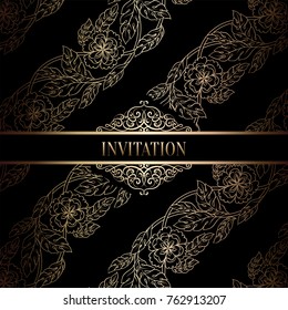 Vintage baroque Wedding Invitation template with damask background. Tradition decoration for wedding. Vector illustration in black and gold.