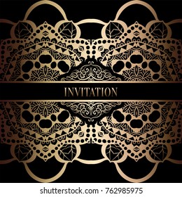 Vintage baroque Wedding Invitation template with damask background. Tradition decoration for wedding. Vector illustration in black and gold.