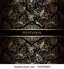 Vintage baroque Wedding Invitation template with butterfly background. Traditional decoration for wedding. Vector illustration in black and gold.