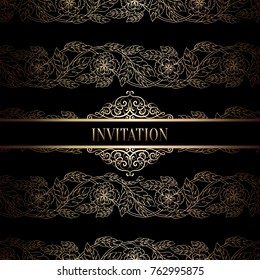 Vintage baroque Wedding Invitation template with damask background. Tradition decoration for wedding. Vector illustration in black and gold.