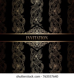 Vintage baroque Wedding Invitation template with damask background. Tradition decoration for wedding. Vector illustration in black and gold.